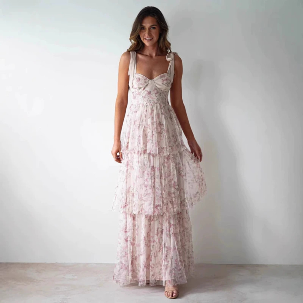 ZARA Stylish Long Sleeve Printed Chiffon Ethereal Sweet Elegant Evening Dress